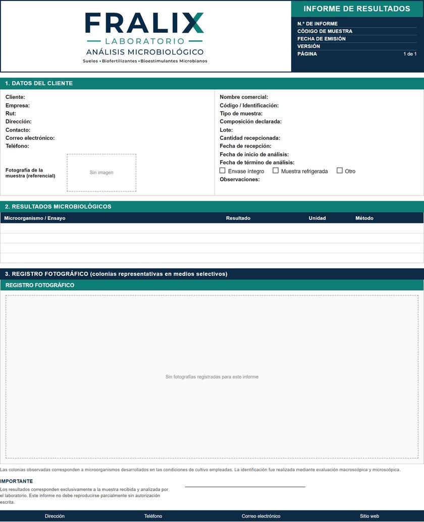 Formato del informe de resultados de Fralix, en blanco: datos del cliente y de la muestra, tabla de resultados con microorganismo o ensayo, resultado, unidad y método, registro fotográfico y firma.